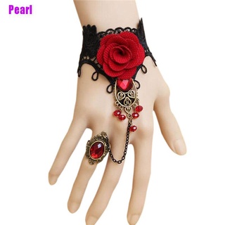 [Pearl] Nuevo brazalete de encaje estilo gótico elegante rosa roja con anillo de dedo ajustable (7)