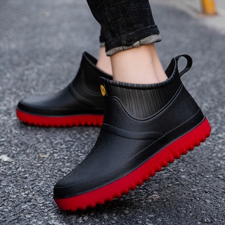 moda antideslizante de tubo corto botas de lluvia de los hombres zapatos de agua más terciopelo botas de lluvia planas de cocina de trabajo de goma zapatos de suela gruesa botas de agua baja