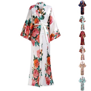 Exquisito estampado de flores para mujer, bata de boda, bata kimono, informal, íntima, suave, satén, ropa de dormir, elegante, camisón burdeos 6XL