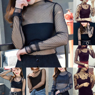 [CLARK] Fashion Women’s Casual Mesh O-Neck Long Sleeve Printed Loose Ladies Tops Shirts