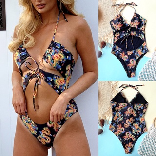 (wopyt.br) Señoras moda impresión Strappy traje de baño de una pieza Bikini de playa