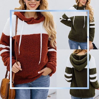 Women Splicing Drawstring Hooded Sweater Long Sleeve Casual Plush Sweater Coat