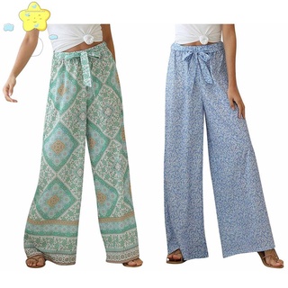 2 Pcs Women Floral Print Wide Leg Bohemian Pants Ladies Sashes Loose Rayon Boho Long Pants XXL Size Blue & L Size Green