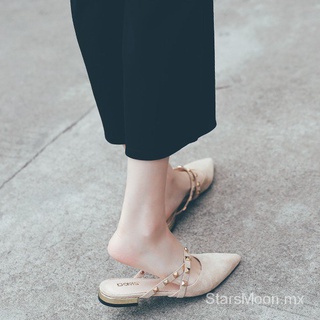[24 horas de envío]sandalias de alta calidad para mujer a la moda al aire libre baotou medias zapatillas remache punta plana zapatos