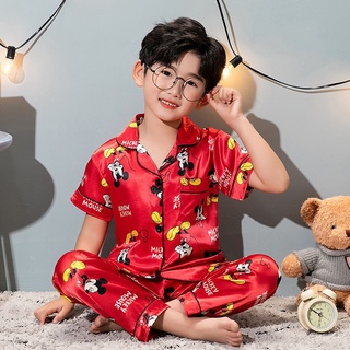 Korean Fashion Kids Baby Baju Tidur Sleepsuit Children Cartoon Print Sleepwear Pajamas Set Short Sleeve Silk Stain Boys Girls Pyjamas Suit