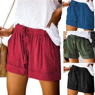 Mujer cordón más tamaño pantalones cortos cómodos Casual suelto cintura elástica bolsillo pantalones cortos de verano playa pantalones cortos