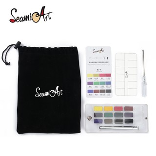 SeamiArt 12 Basic Colors Solid Watercolor Gift Set with Transparent Acrylic Box & 1pc Portable Painting Brush & Watercolor Pad