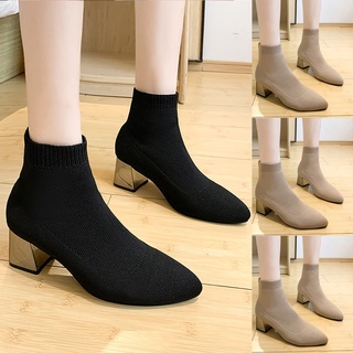 Women Stretch Socks Boots Ankle Bare Boot Square Heel Casual Short Tube Booties