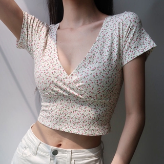 g&g camiseta de mujer estilo americano estilo retro floral cuello en v ajustado crop top (2)
