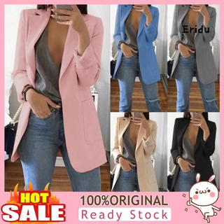 Erh_Moda Color sólido solapa de manga larga de negocios de las mujeres Blazer abrigo traje Chamarra