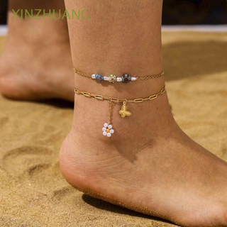 XINZHUANG Korean Titanium Steel Anklet Charm Butterfly Female Ankle Chain Heart Flower Cute Double Layer Jewelry Gift Barefoot Chain Pearl Bracelet/Multicolor
