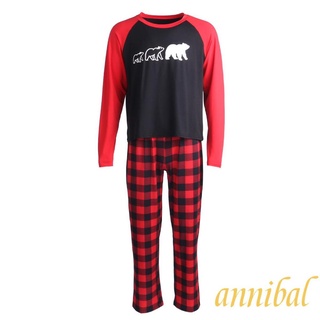 ✲Fk❃Padre-hijo de navidad pijamas traje, cuello redondo camiseta + cuadros pantalones largos/Patchwork body