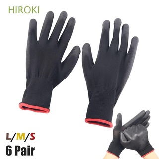 hiroki negro suministros de jardín pu protección guantes de seguridad recubierto agarre nylon constructores revestimiento de palma 6 pares guante de trabajo