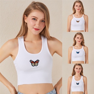 Chaleco de verano Halter Crop Tops Casual Sexy mariposa estampado sin mangas blanco