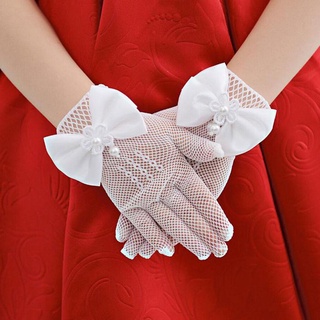 1 par de guantes de red de perlas sintéticas de encaje blanco para niñas v0j2