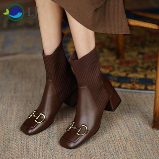☄▧❒2021 new style sleeve leather thick heel square toe mid-heel short boots stretch short tube pure color knitted socks boots comfortable women [issued on August 15]