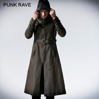 Gabardina con capucha para hombre, abrigo largo estilo PUNK RAVE, Steampunk, Vintage, bronce metálico, con lazo de cuero y sarga para café