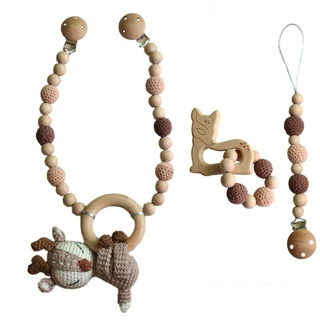 JE 3 Pcs/Set Baby Pram Stroller Hanging Pendant Pacifier Chain Clip Infants Wooden Teether Bracelet Rattle Nursing Chewing Toys Shower Gifts