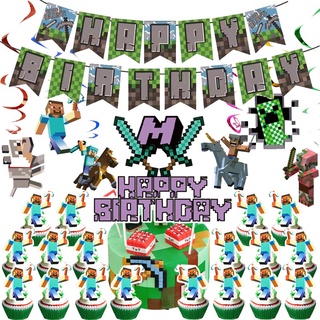 30pcs Minecraft Pixel juego tema Steve Creeper fiesta de cumpleaños decoración conjunto bandera torta Topper globo fiesta de cumpleaños necesidades vacaciones esenciales de alta popularidad