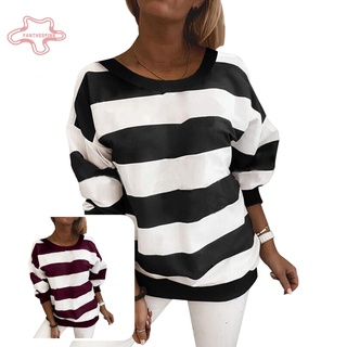 pantherpink Women Fashion O Neck Long Sleeve Stripes Print Loose Pullover Blouse Sweatshirt