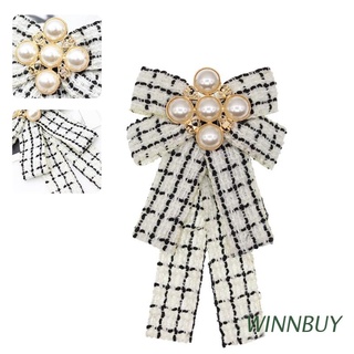 WINN Women Vintage Elegant Plaid Striped Print Pre-Tied Neck Tie Brooch Imitation Pearl Jewelry Ribbon Bow Tie Corsage for Shirt Collar Clothes Accessories