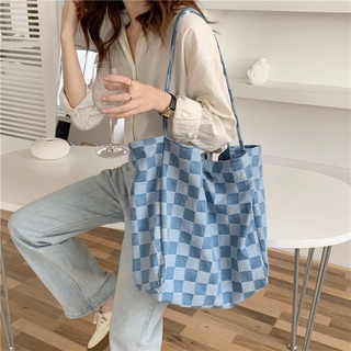 Las mujeres de lona grande bolso de hombro ajedrez cuadros Extra grande Tote azul Denim tela bolso de supermercado bolso Eco compras bolsas para señoras