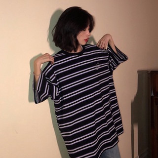[coco House]estudiantes de rayas manga corta superior cuello redondo suelto manga corta camiseta mujer ropa baju perempuan ropa blusa