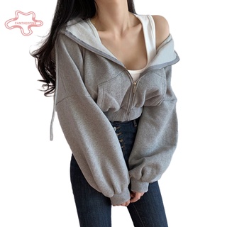 pantherpink Women Long Sleeve Solid Color Pocket Crop Top Plush Warm Zipper Coat Hoodie (4)