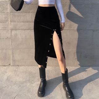 Falda dividida de cintura alta 2021 primavera europeo y americano nuevo estilo viajero sexy delgado metal falda de terciopelo decorativa mujeres