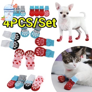 AUTUMN12 4Pcs/set New Dog Shoes Candy Color Anti-Slip Puppy Boots Pet Supplies Fashion Paw Protectors Cats Shoe Knitted Socks/Multicolor