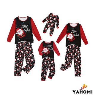 Yaho coincidencia familia navidad pijamas Casual manga larga Santa impresión Tops + pantalones conjunto (8)