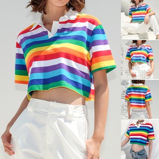 Fashion Women Turn-down Collar Short Sleeve Rainbow Striped Print Short Crop Top