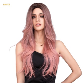 muc señoras peluca sintética marrón gradiente rosa largo rizos peluca de pelo resistencia al calor mujeres cosplay partido pelucas