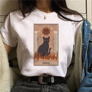 Moda Tarot gatos impresión camiseta de las mujeres de manga corta O-cuello Femme T-shirt Casual verano suelto Tee Tops para ropa de mujer