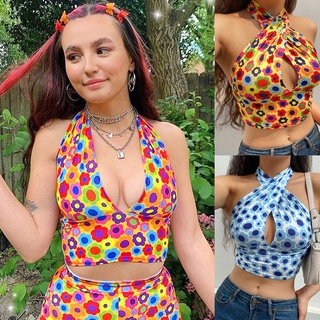 (wopyt.br) Camisola Halter Sexy con cuello en V profundo estampado Floral para mujer