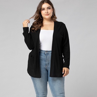 L-4XL mujeres gran tamaño prendas de abrigo de manga larga frontal abierto bolsillo delantero suelto más el tamaño de prendas de punto Cardigan negro 2646-1 (3)
