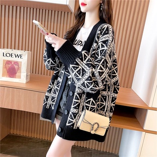 ❁◈Fashion all-match retro knitted cardigan jacket women s autumn and winter 2021 new foreign style loose lazy sweater