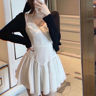 Coreano Conjunto Negro Punto Cardigan + Blanco Espina De Pescado Vestido De Honda