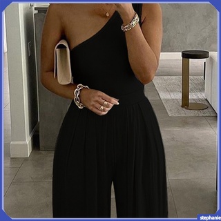 FAST| One Shoulder Ruched Wide Leg Jumpsuit Women Casual Summer Asymmetric Casual Solid Color Jumpsuit (3)