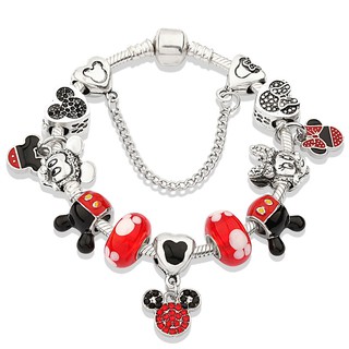 Pulsera Pandora roja de plata/Cristal con cuentas/colgante de Mickey/Minnie/corazón