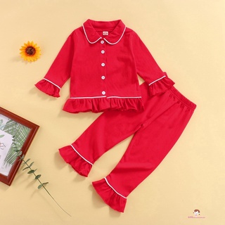 Xzq7-pijamas de navidad para bebé niña, manga larga solapa volantes botones rojos Tops + pantalones traje, 2pcs