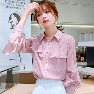 2021Primavera y verano nueva camisa de gasa de moda elegante de las mujeres de manga larga superior de estilo coreano de estilo occidental camisa pequeña camisa de las mujeres 2GBc