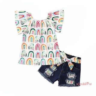 KidsW-2Pcs Sweet Style Little Girls Outfit, Summer Rainbow/Sunflower Printing