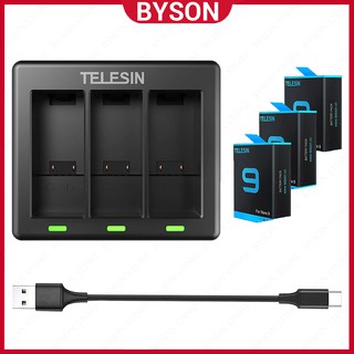 Telesin - batería de repuesto de 3 canales (1750mAh) y cargador rápido USB de 3 canales con cable tipo C para GoPro Hero 9 negro