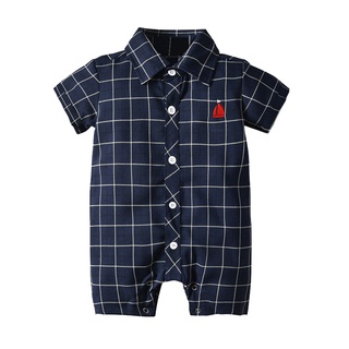 ╭trendywill╮Infant Baby Boys Short Sleeve Gentleman Plaid Print Romper Jumpsuit Clothes