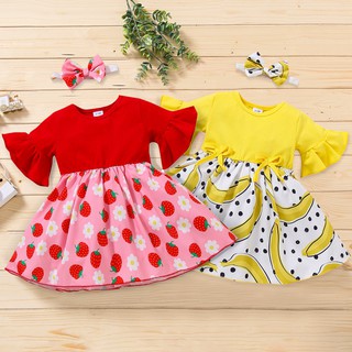 Vestido de bebé niñas lindo fruta impreso vestido diadema 2Pcs niño verano traje (1)