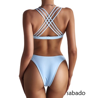 sabado2 piezas traje de baño, mujer de color sólido acolchado bikini tops+bikini (5)
