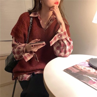 Traje de dos piezas/Chica de temperamento Simple de una sola pieza2021Primavera y otoño estilo coreano suéter suelto chaleco camisa a cuadros (5)