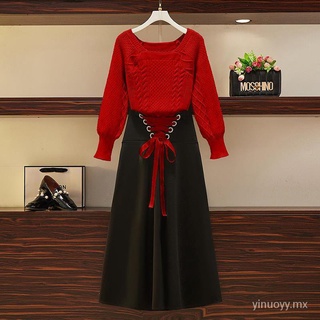 De una sola pieza/Una sola pieza Otoño e Invierno nueva moda coreana estilo occidental adelgazamiento suéter falda elegante conjunto de dos piezas (3)