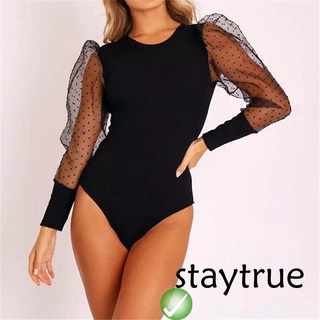 ☽ID❣Women´s Round Neck Romper Solid Color Long Sleeve Bodysuit Lace Puff